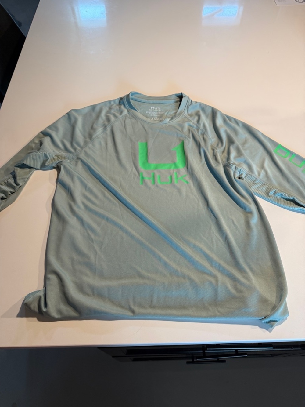 Huk Men's Long-Sleeve Performance Shirt in Seafoam with Neon Green Logo